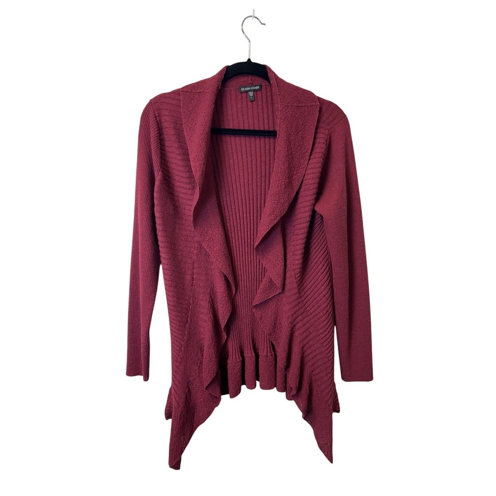 Eileen Fisher 100% Wool Ribbed‎ Ruffle Open Front Cardigan Red L Italian Yarn
